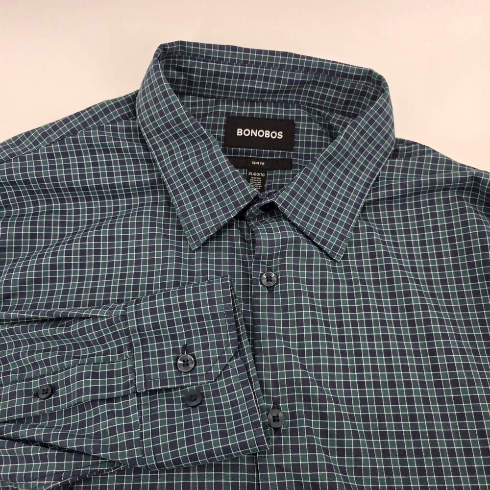 Bonobos Button‎ Down Shirt Mens Slim Fit Stretch Plaid Navy Green XL